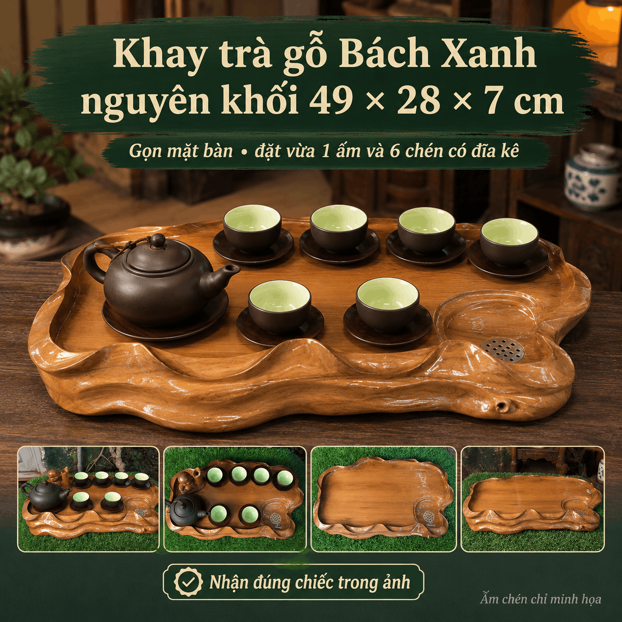 Khay trà gỗ Bách Xanh nguyên khối 49 × 28 × 7 cm