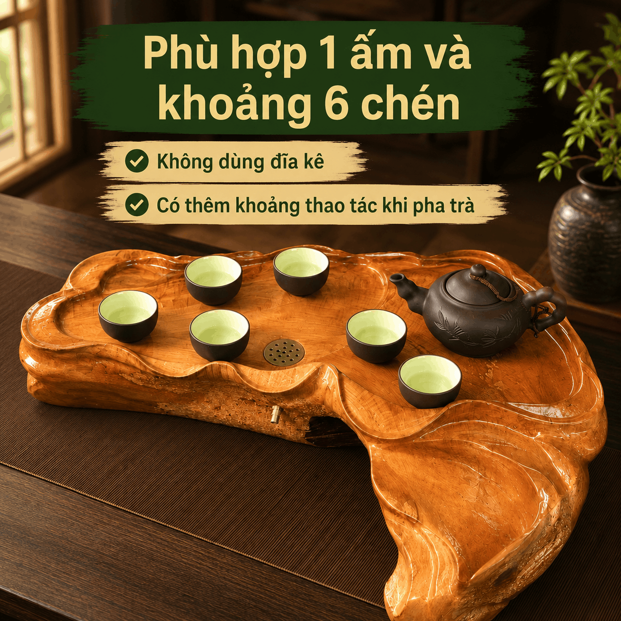 Khay trà gỗ Bách Xanh nguyên khối 51 × 37 cm