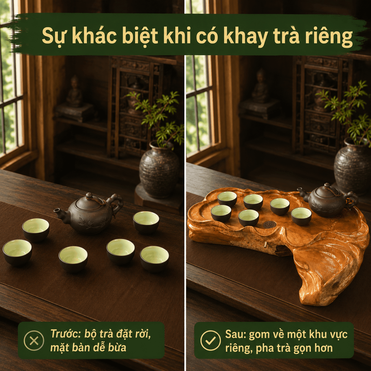 Khay trà gỗ Bách Xanh nguyên khối 51 × 37 cm