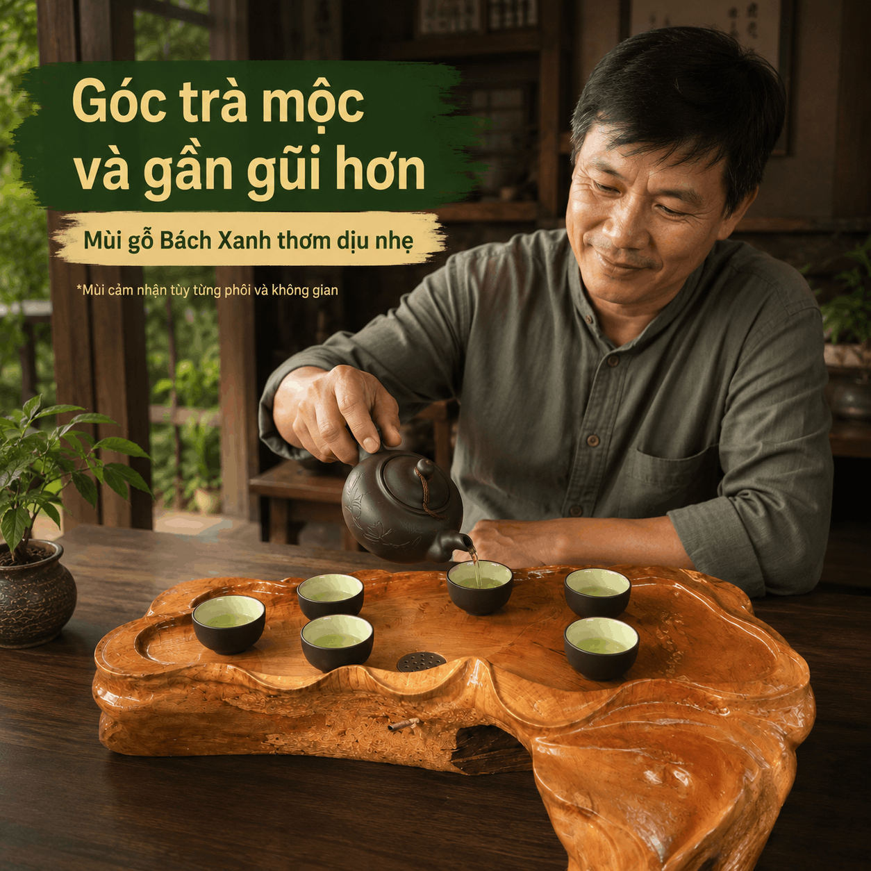 Khay trà gỗ Bách Xanh nguyên khối 51 × 37 cm