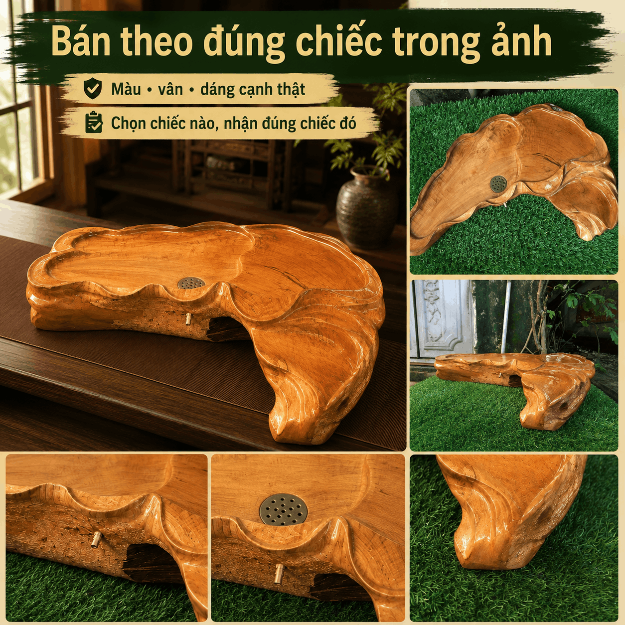 Khay trà gỗ Bách Xanh nguyên khối 51 × 37 cm