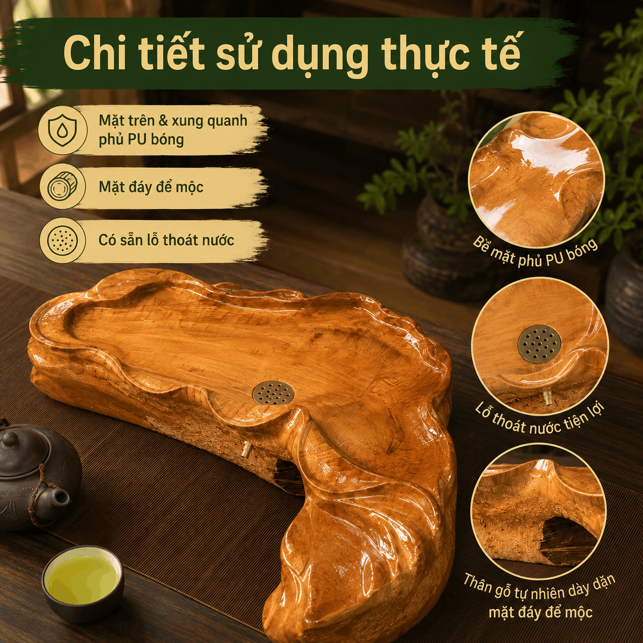 Khay trà gỗ Bách Xanh nguyên khối 51 × 37 cm