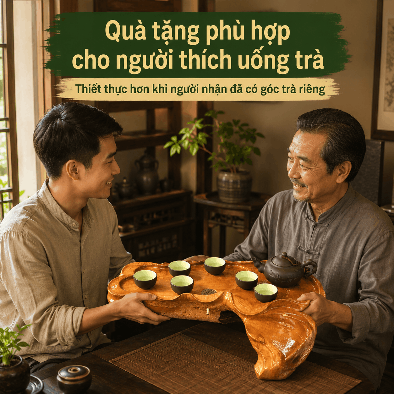 Khay trà gỗ Bách Xanh nguyên khối 51 × 37 cm
