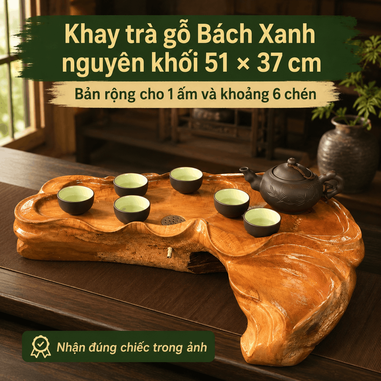 Khay trà gỗ Bách Xanh nguyên khối 51 × 37 cm