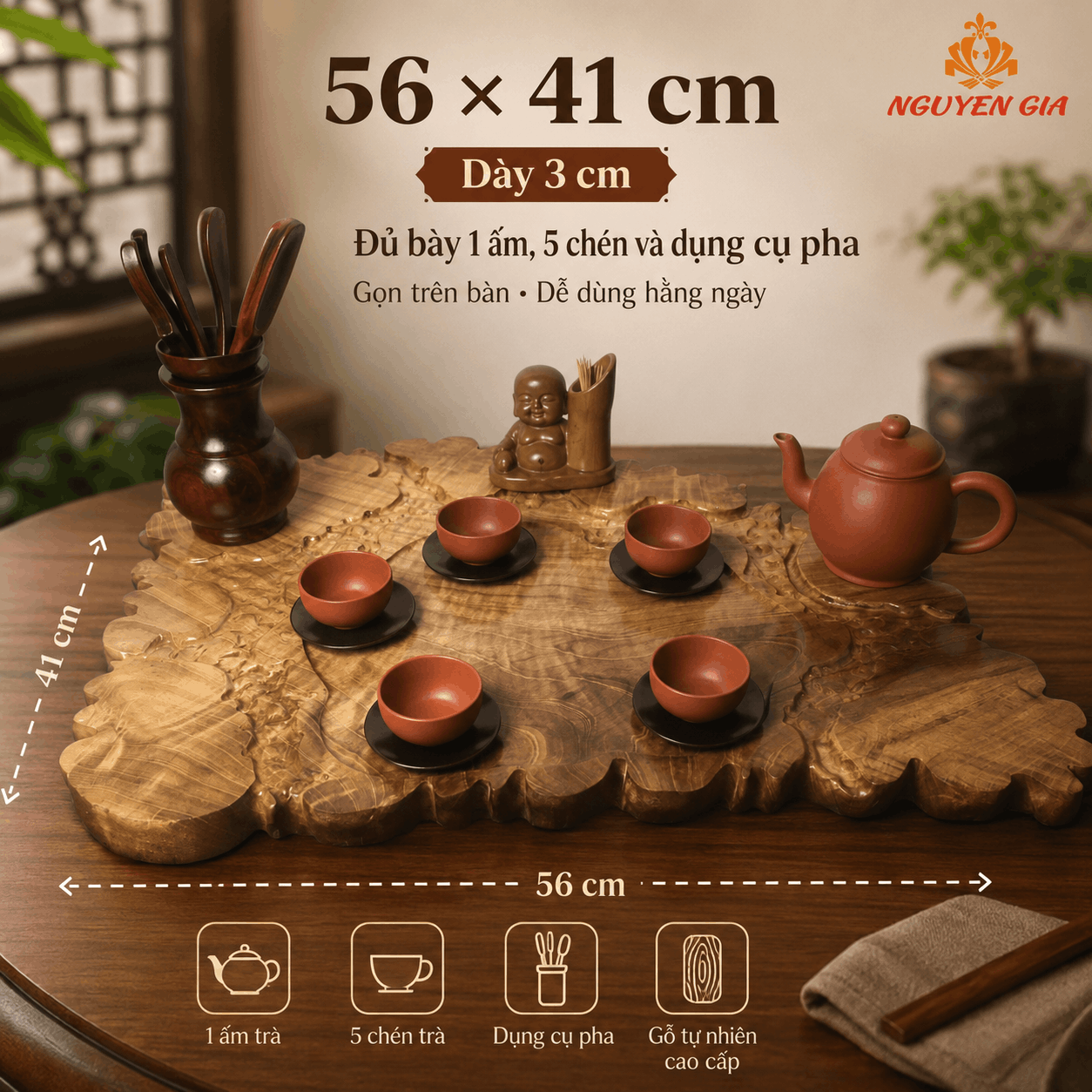 Khay trà gỗ Dổi nguyên khối 56 × 41 × 3 cm