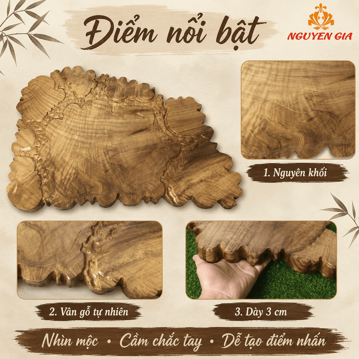 Khay trà gỗ Dổi nguyên khối 56 × 41 × 3 cm
