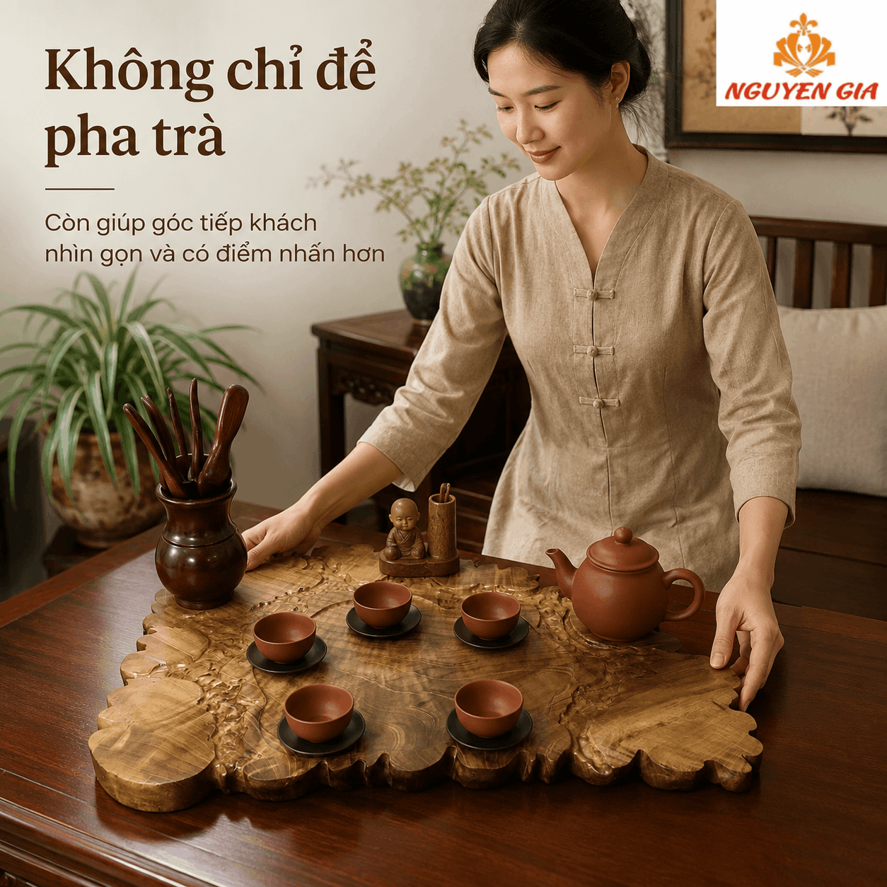 Khay trà gỗ Dổi nguyên khối 56 × 41 × 3 cm