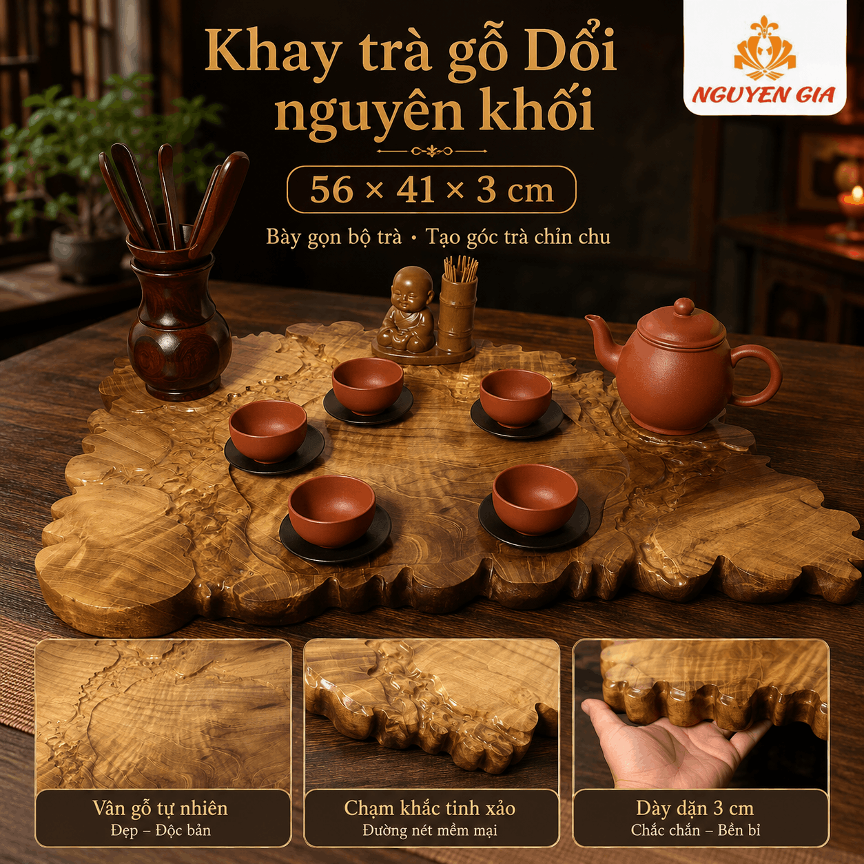 Khay trà gỗ Dổi nguyên khối 56 × 41 × 3 cm
