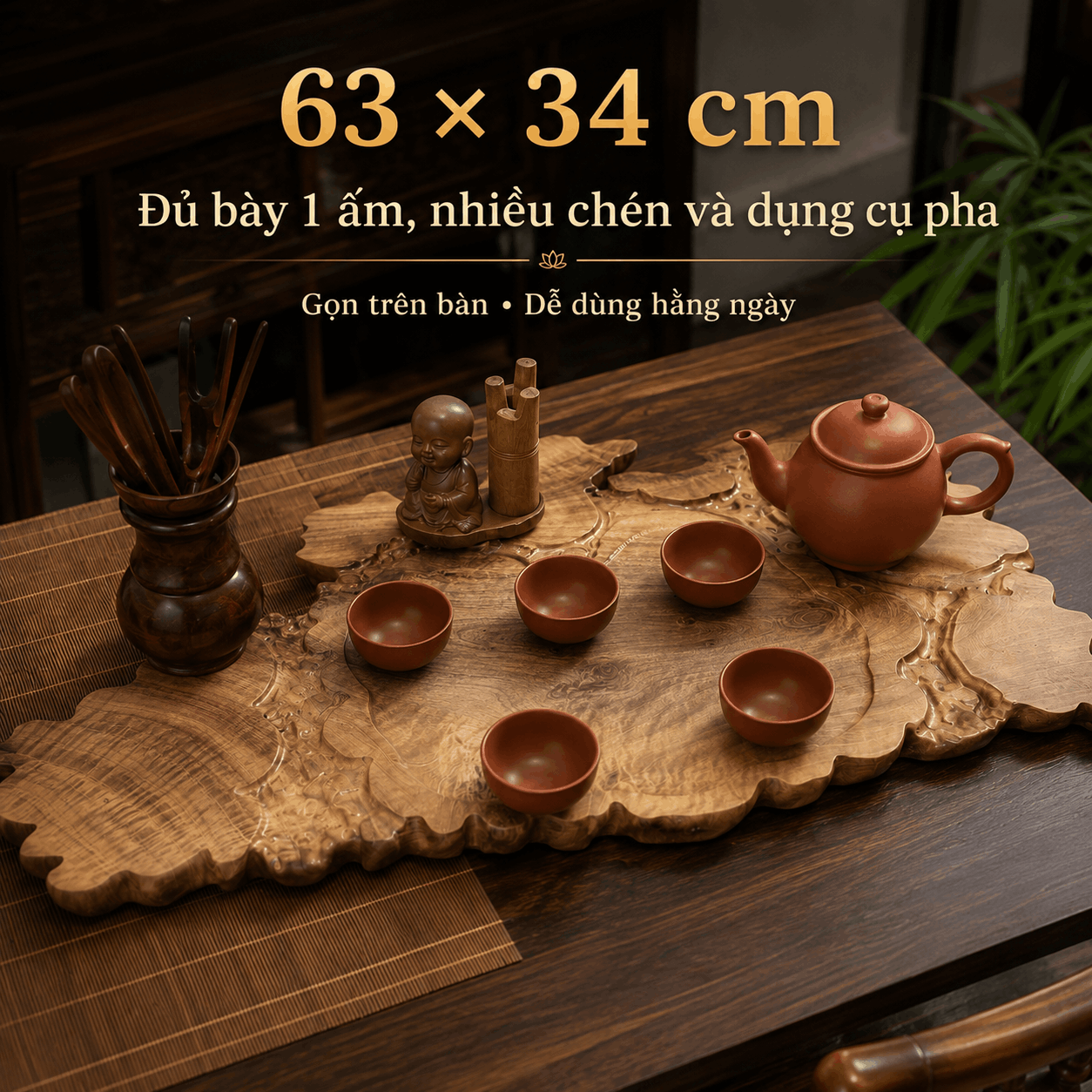 Khay trà gỗ Dổi nguyên khối 63 × 34 × 3 cm