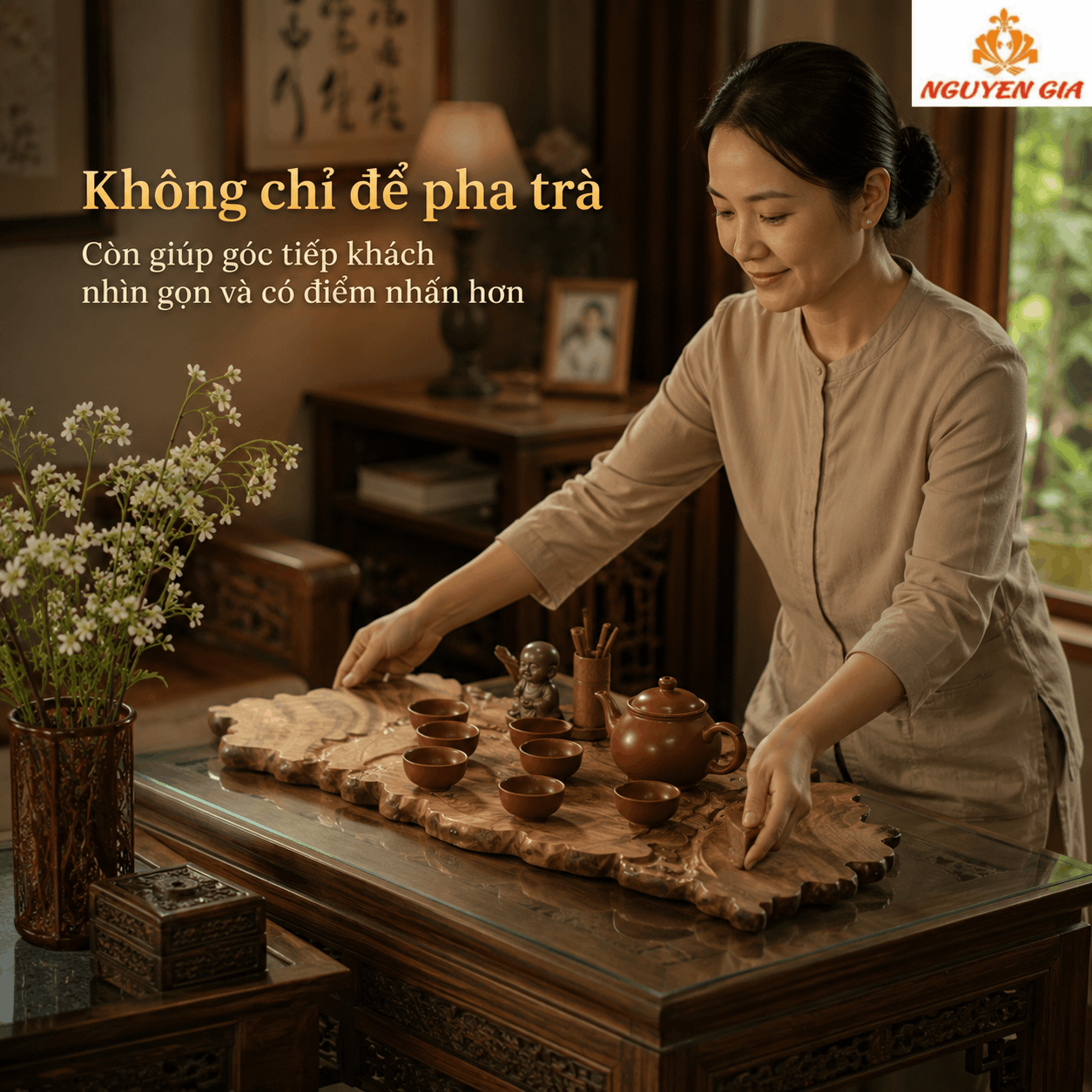 Khay trà gỗ Dổi nguyên khối 63 × 34 × 3 cm