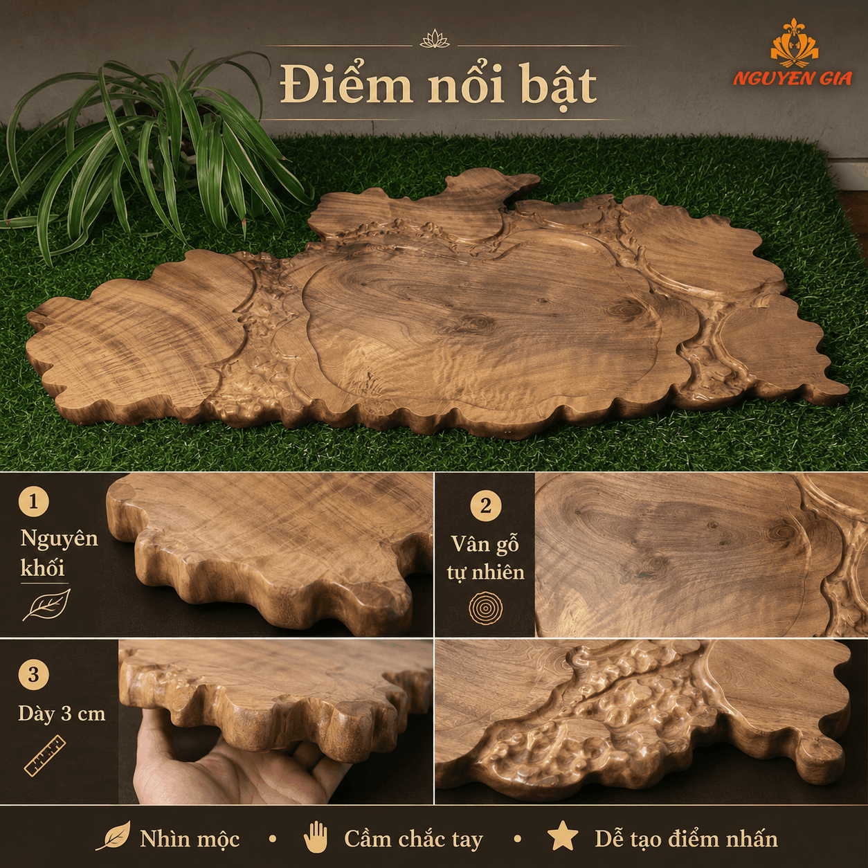 Khay trà gỗ Dổi nguyên khối 63 × 34 × 3 cm