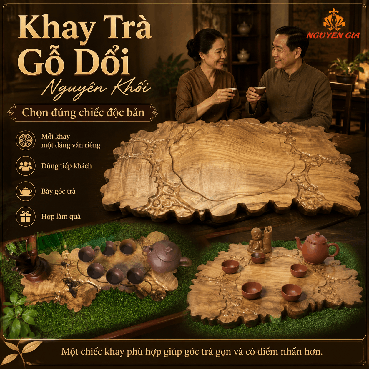 Khay Trà Gỗ Dổi Nguyên Khối