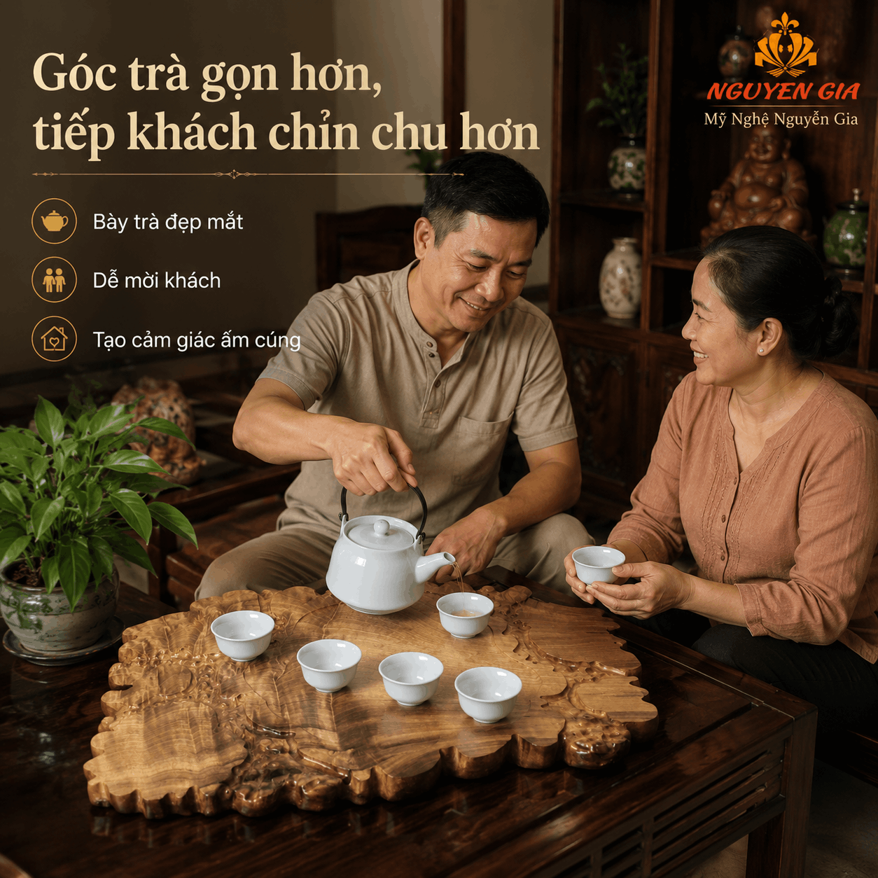 Khay trà gỗ Dổi nguyên khối 51 × 32 × 3 cm