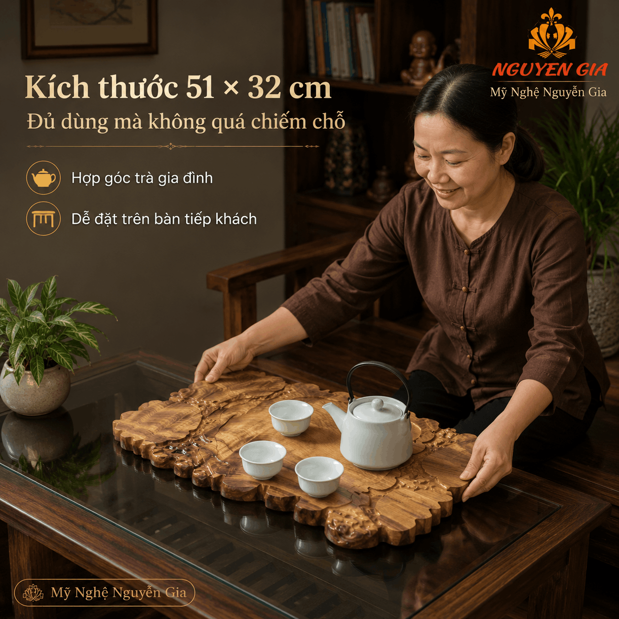Khay trà gỗ Dổi nguyên khối 51 × 32 × 3 cm