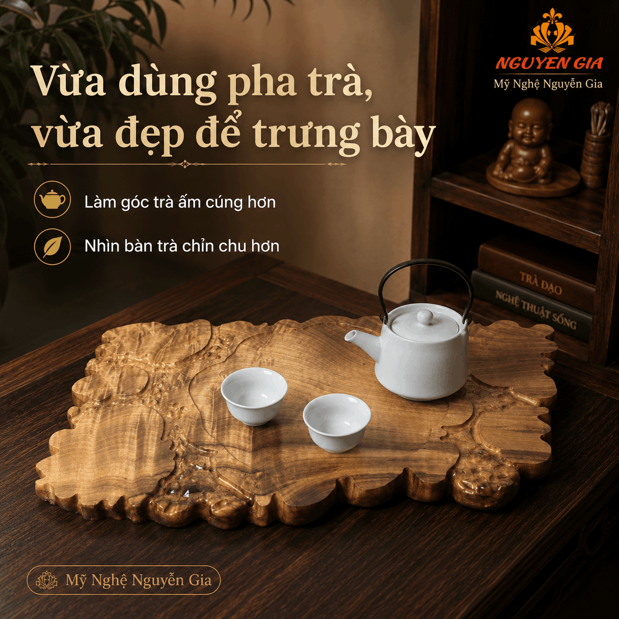 Khay trà gỗ Dổi nguyên khối 51 × 32 × 3 cm
