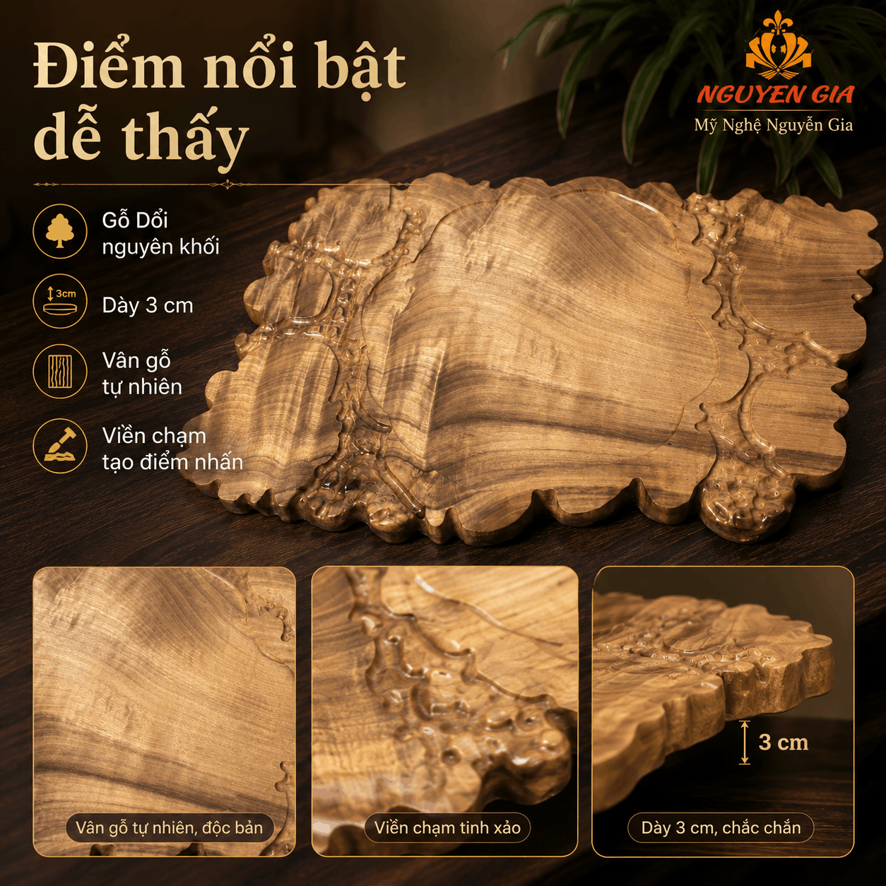 Khay trà gỗ Dổi nguyên khối 51 × 32 × 3 cm