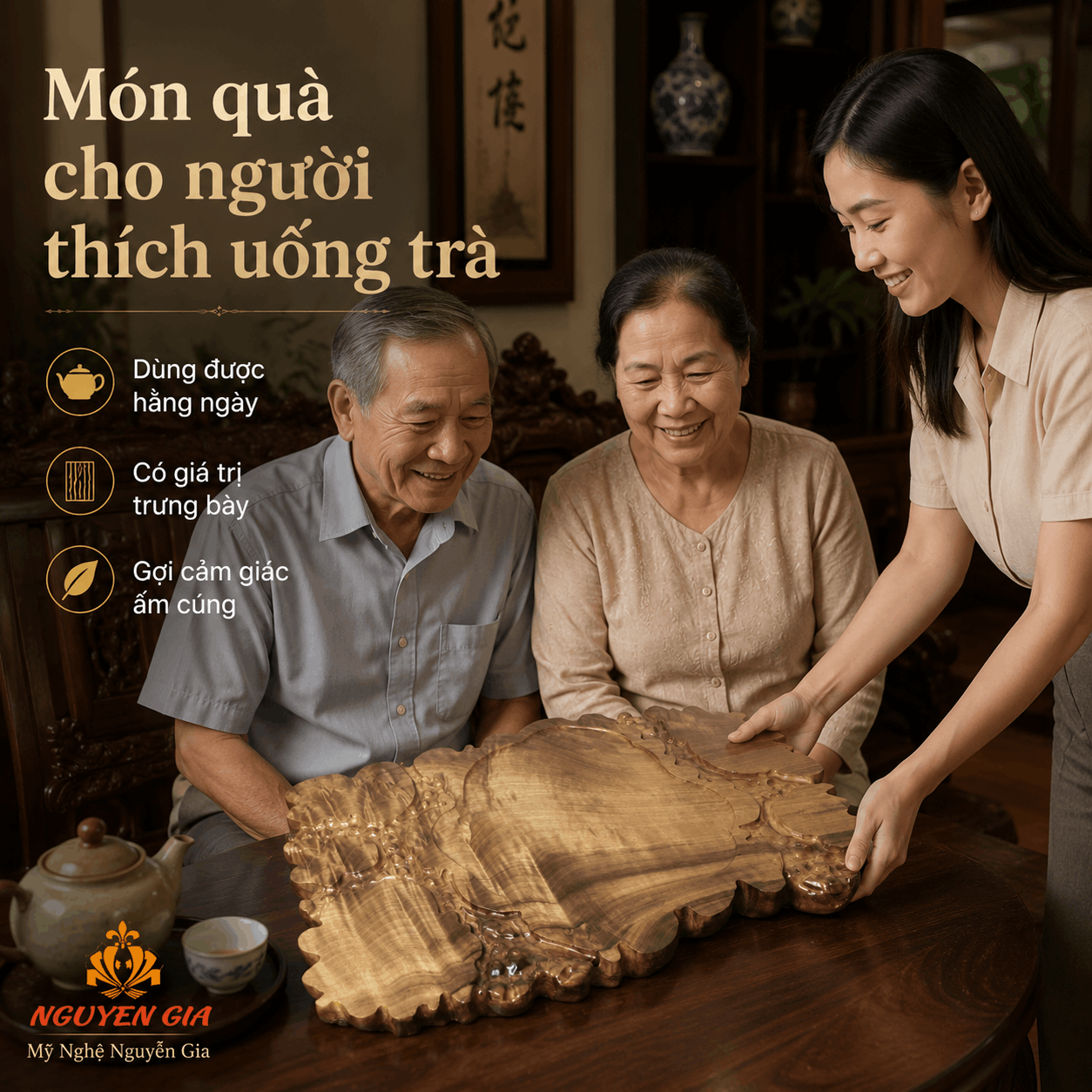 Khay trà gỗ Dổi nguyên khối 51 × 32 × 3 cm