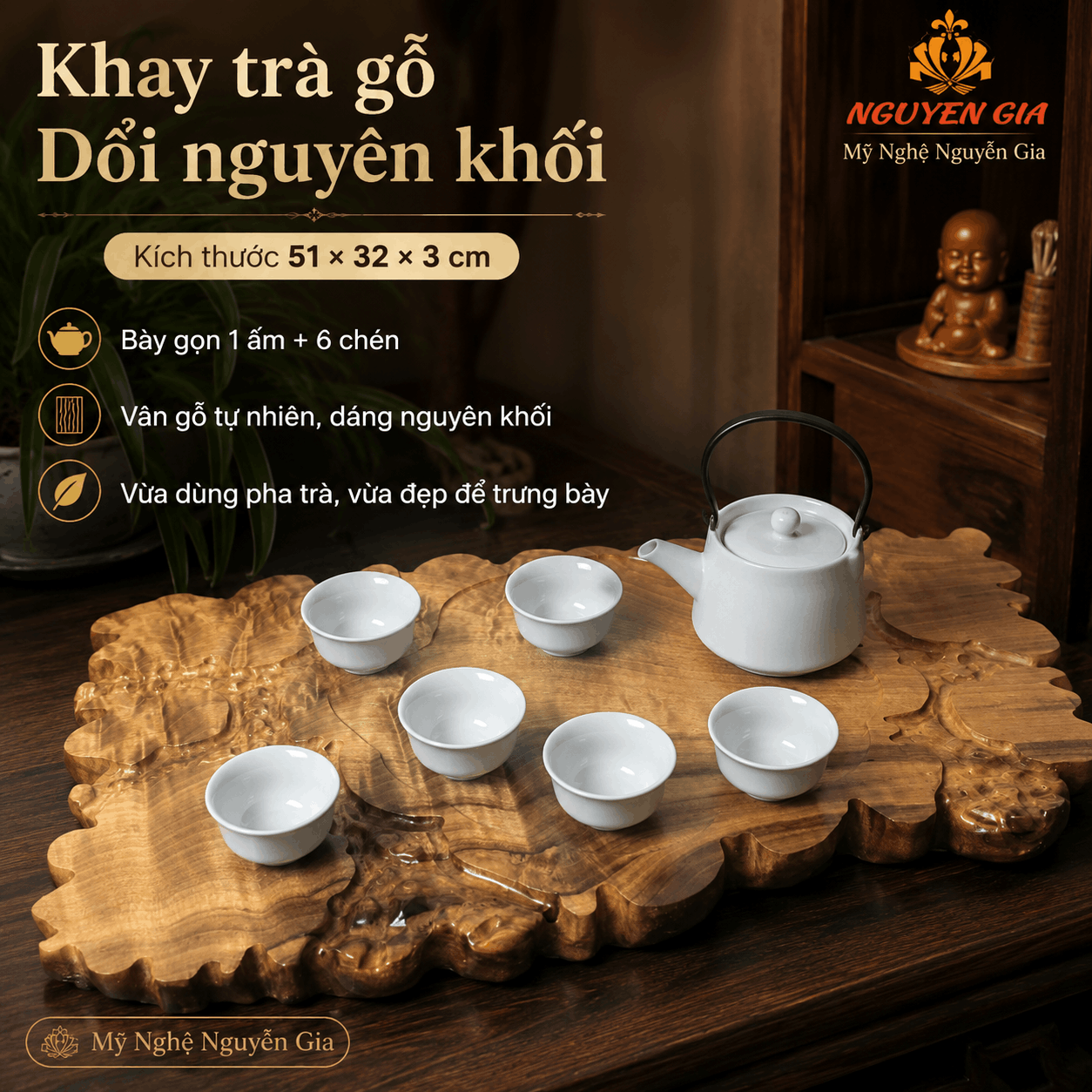Khay trà gỗ Dổi nguyên khối 51 × 32 × 3 cm