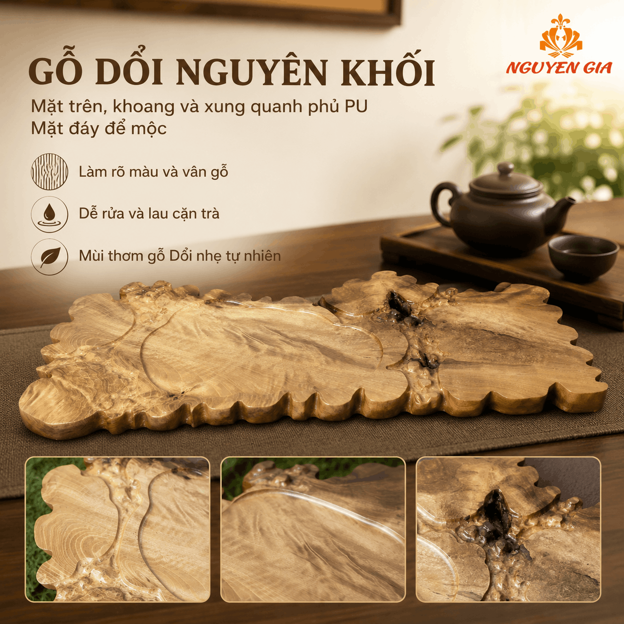 Khay trà gỗ Dổi nguyên khối 54 × 23 × 3 cm