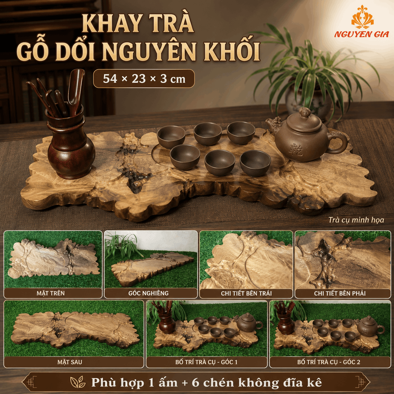 Khay trà gỗ Dổi nguyên khối 54 × 23 × 3 cm