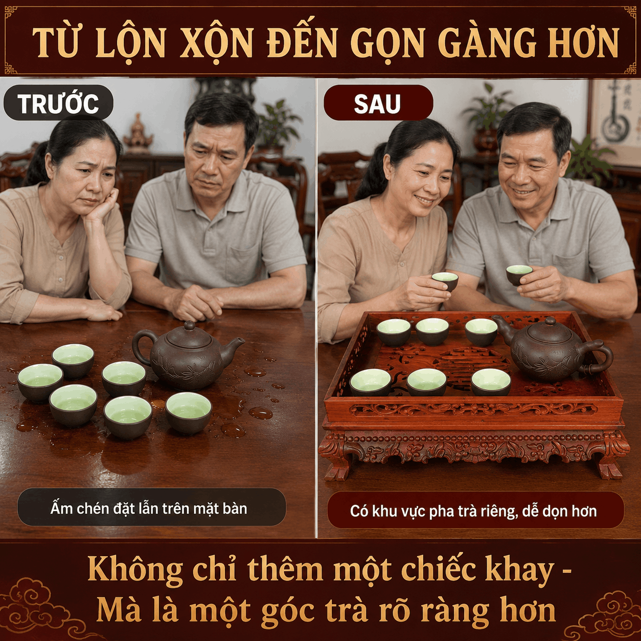 Khay trà gỗ Hương Lưỡng Long 36 × 26 cm