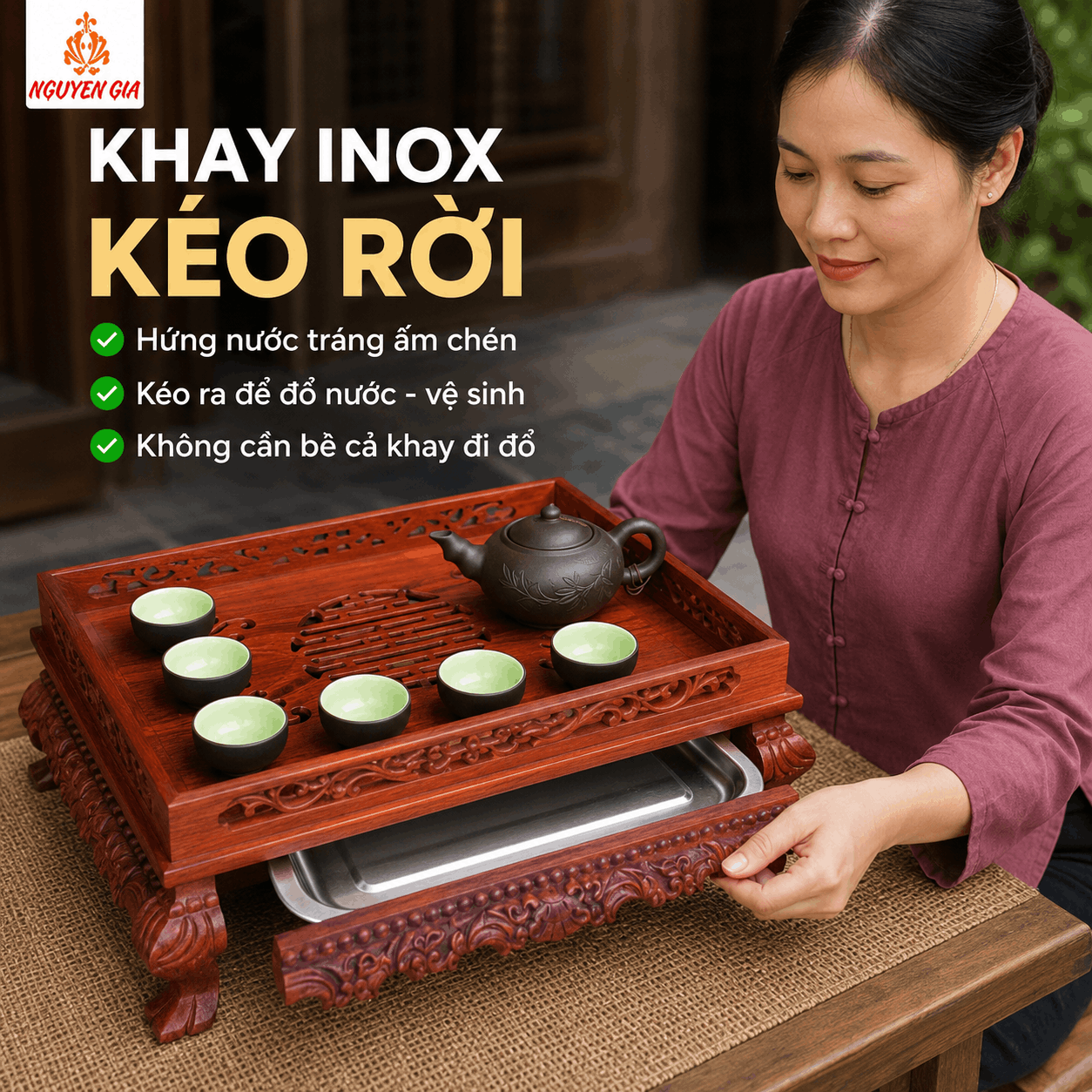 Khay trà gỗ Hương Lưỡng Long 36 × 26 cm