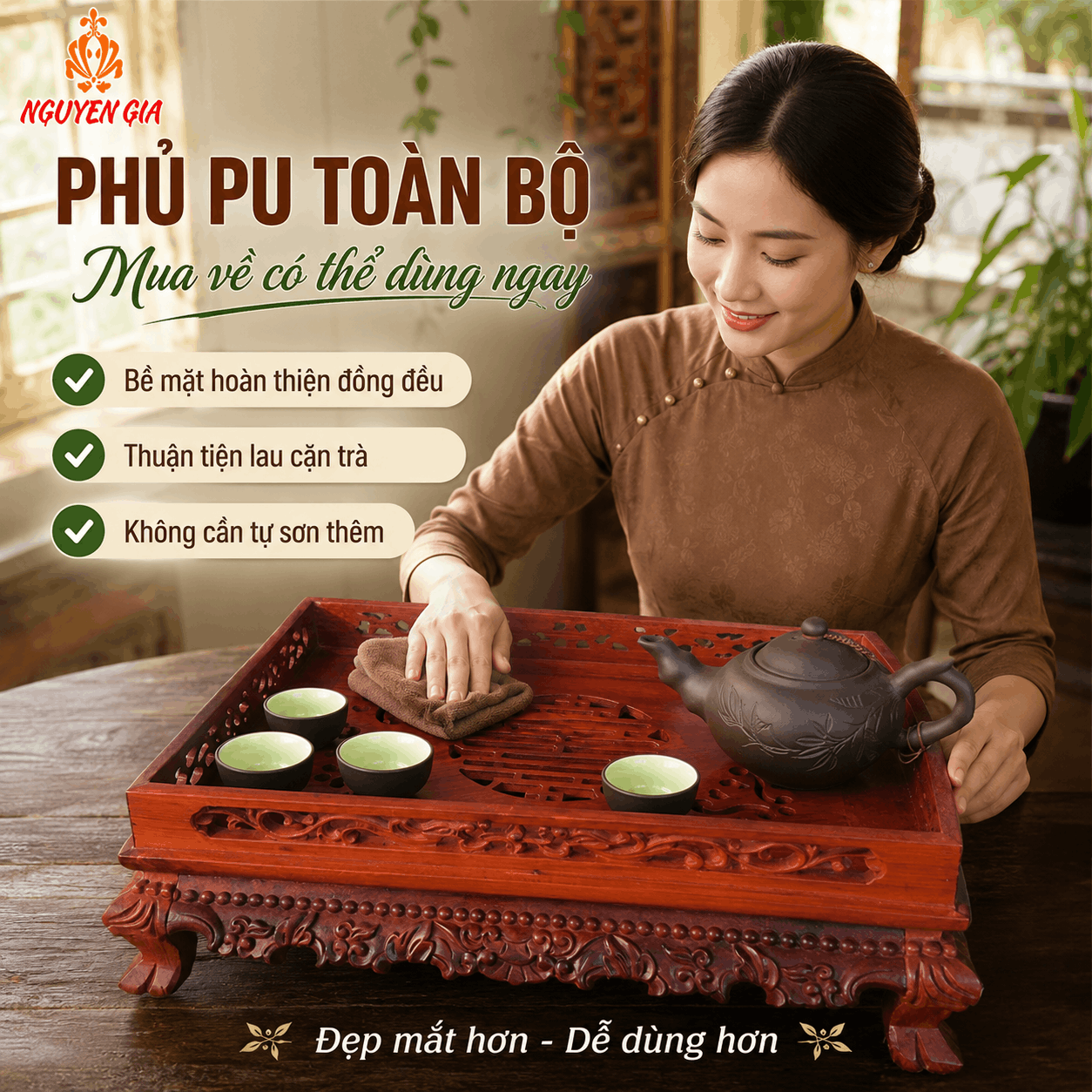 Khay trà gỗ Hương Lưỡng Long 36 × 26 cm
