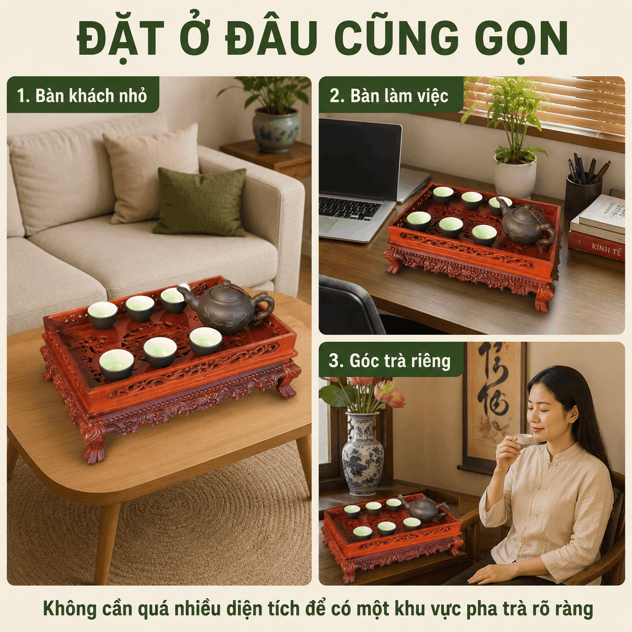 Khay trà gỗ Hương Lưỡng Long 36 × 26 cm