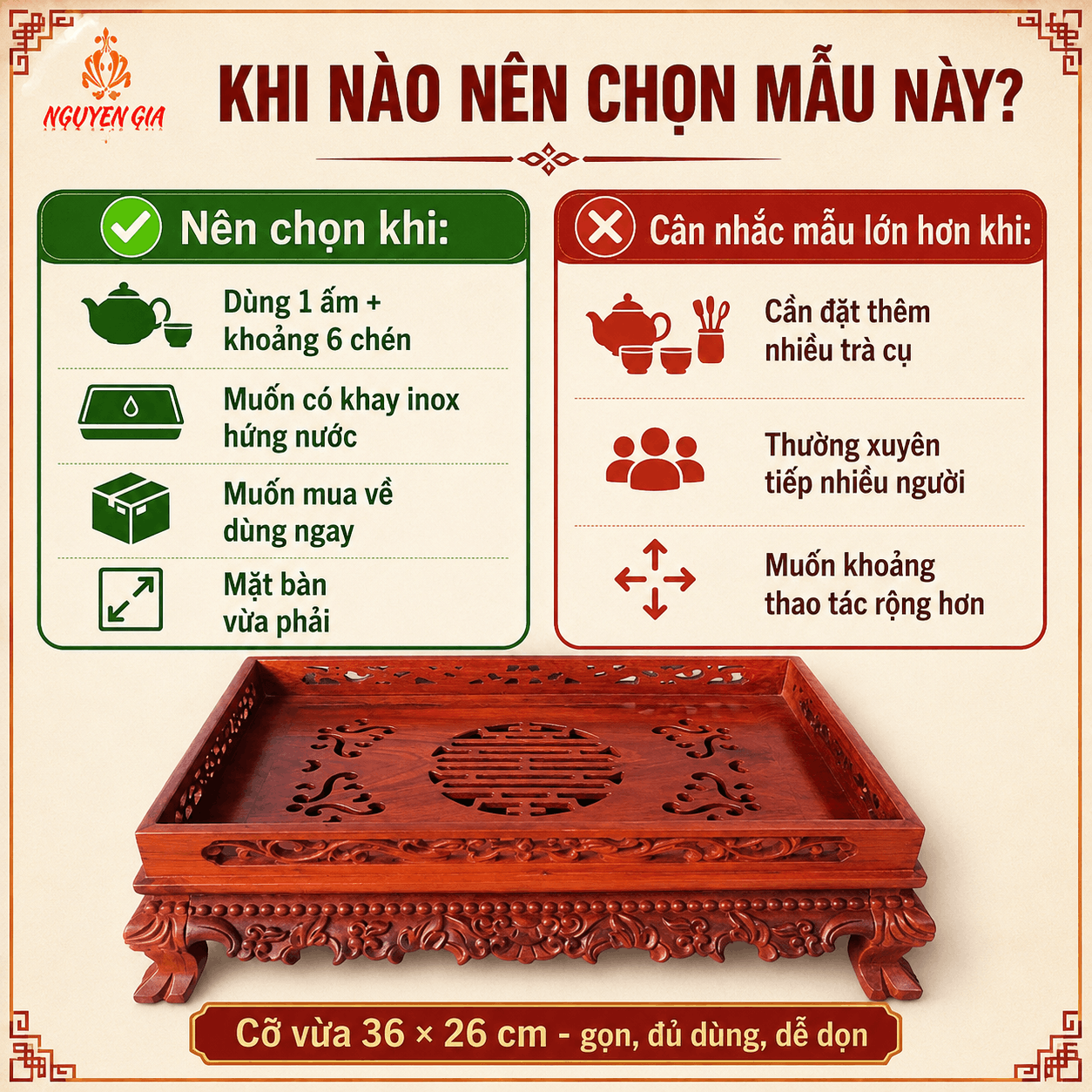 Khay trà gỗ Hương Lưỡng Long 36 × 26 cm