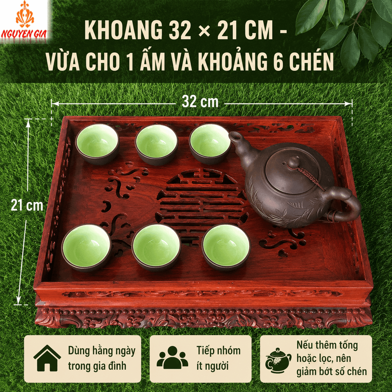 Khay trà gỗ Hương Lưỡng Long 36 × 26 cm