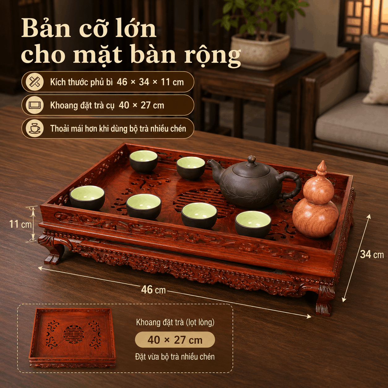 Khay trà gỗ Hương Lưỡng Long cỡ lớn 46 × 34 cm