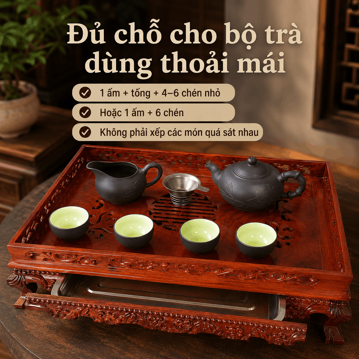 Khay trà gỗ Hương Lưỡng Long cỡ lớn 46 × 34 cm