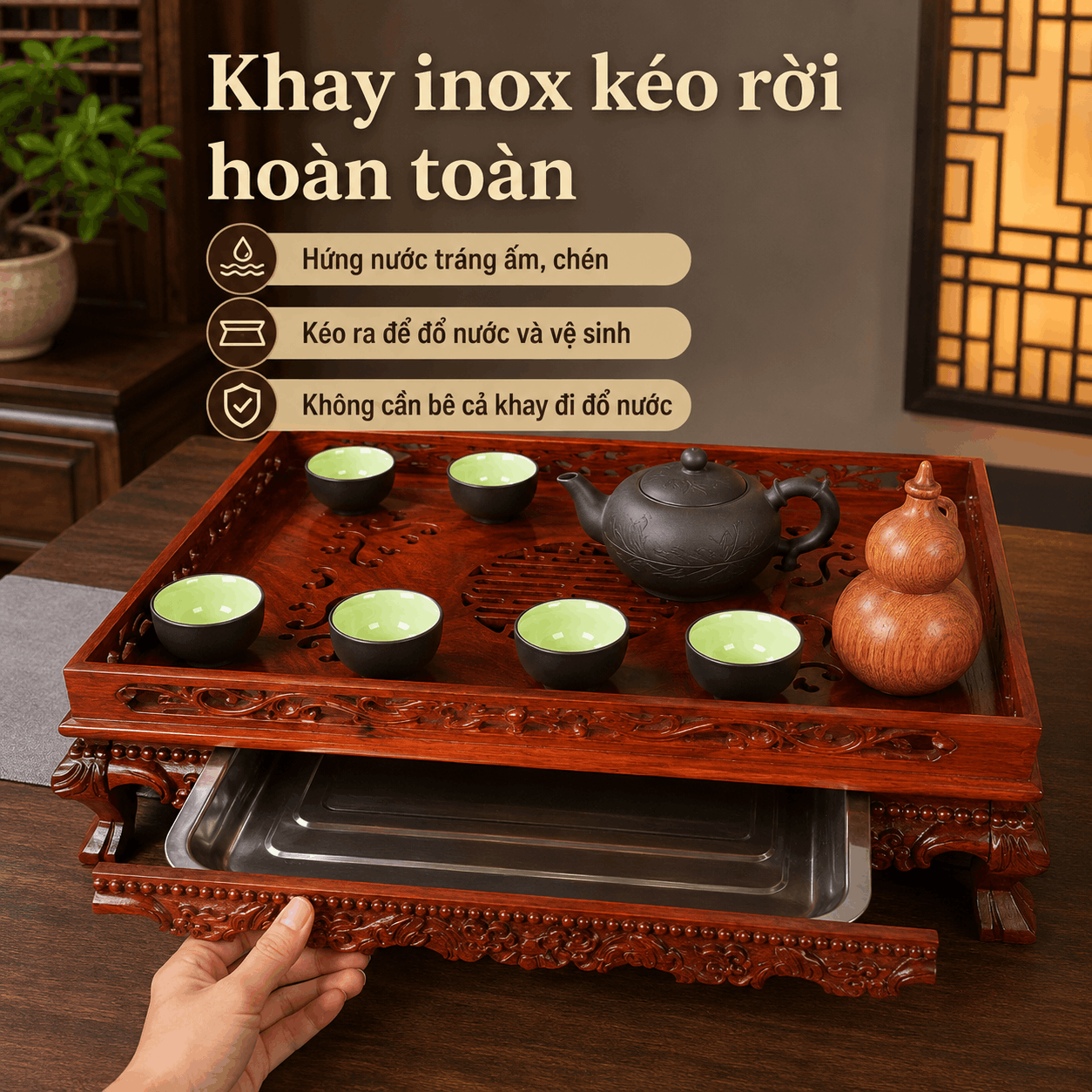 Khay trà gỗ Hương Lưỡng Long cỡ lớn 46 × 34 cm