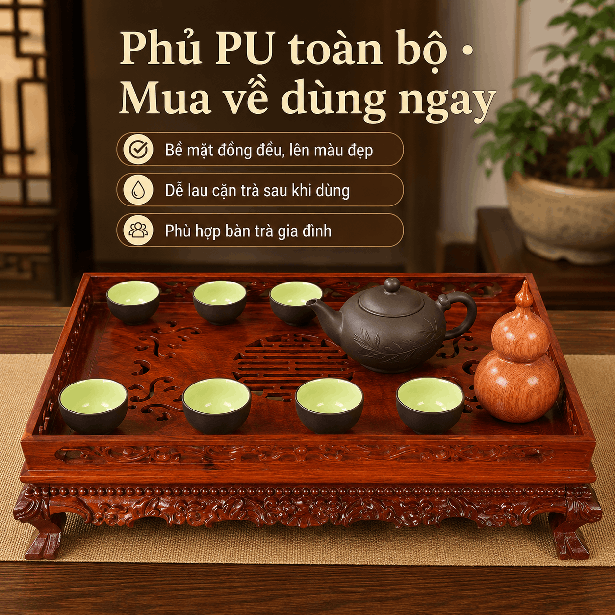 Khay trà gỗ Hương Lưỡng Long cỡ lớn 46 × 34 cm