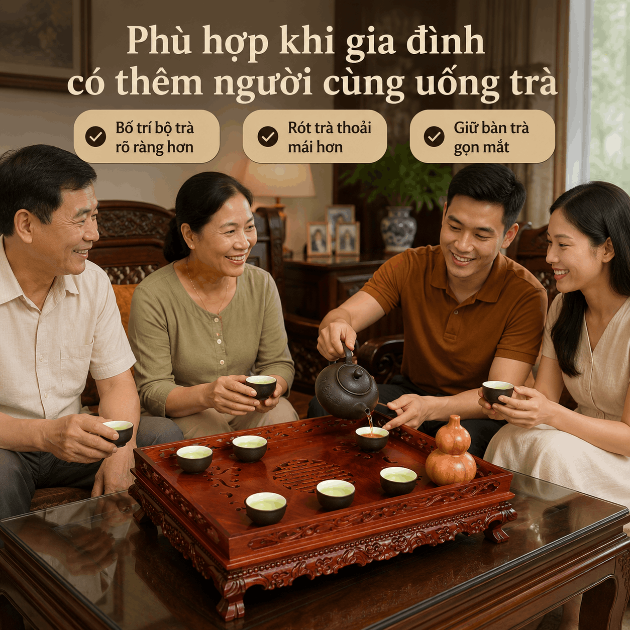 Khay trà gỗ Hương Lưỡng Long cỡ lớn 46 × 34 cm
