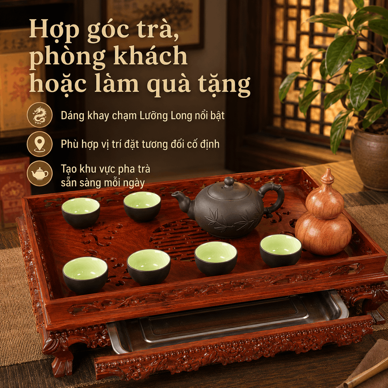 Khay trà gỗ Hương Lưỡng Long cỡ lớn 46 × 34 cm