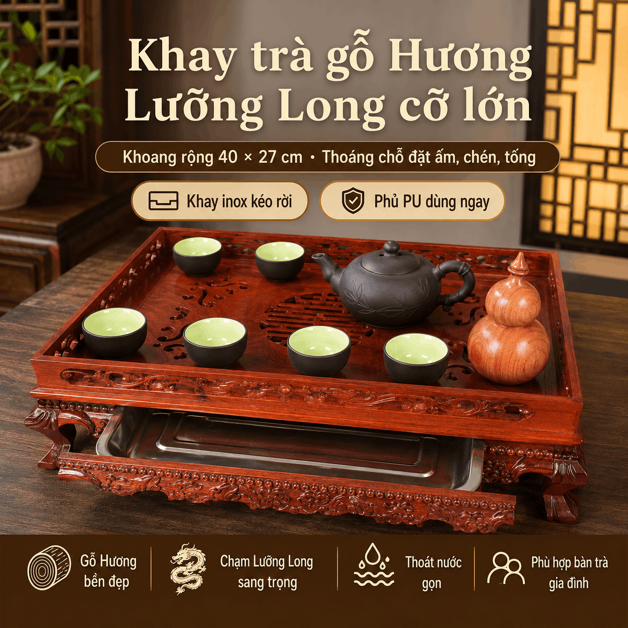 Khay trà gỗ Hương Lưỡng Long cỡ lớn 46 × 34 cm