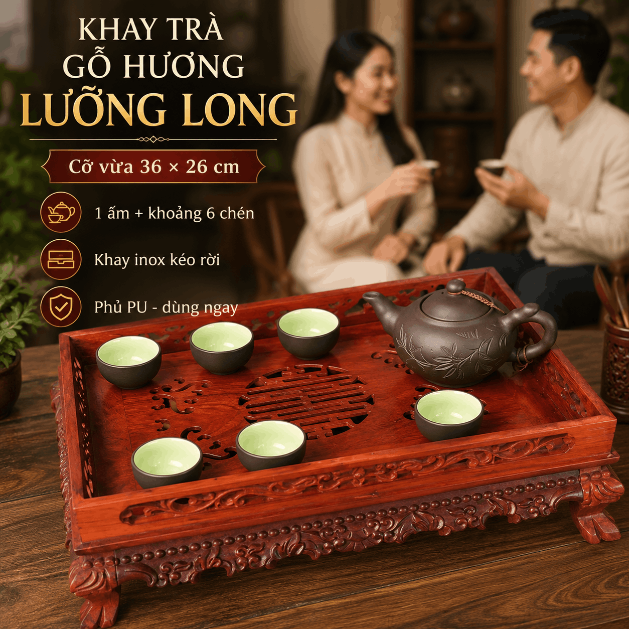 Khay trà gỗ Hương Lưỡng Long 36 × 26 cm