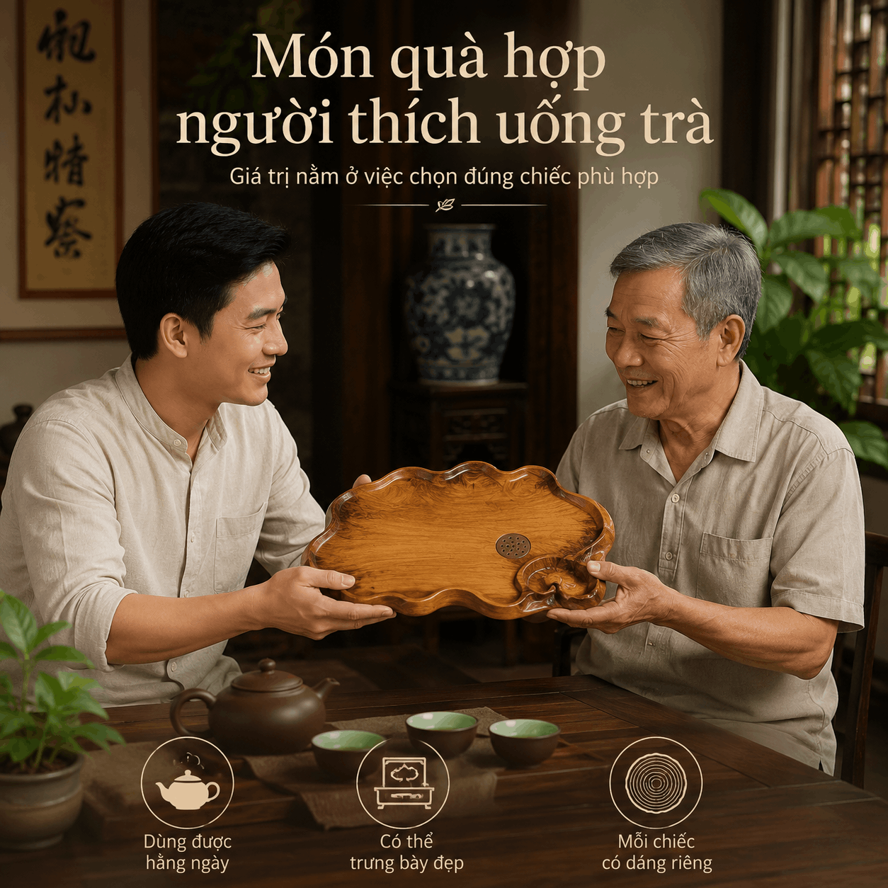 Khay trà gỗ nguyên khối