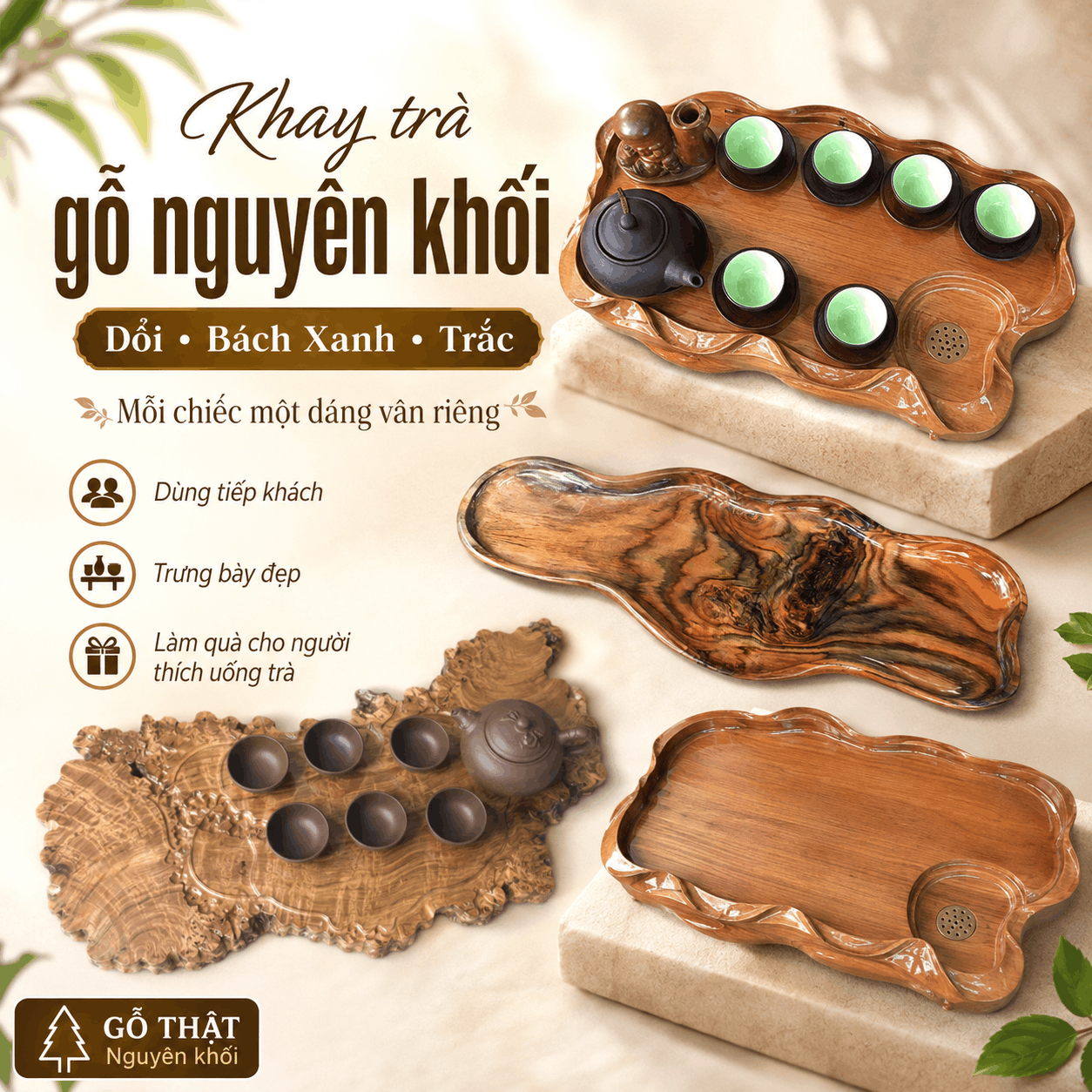Khay trà gỗ nguyên khối
