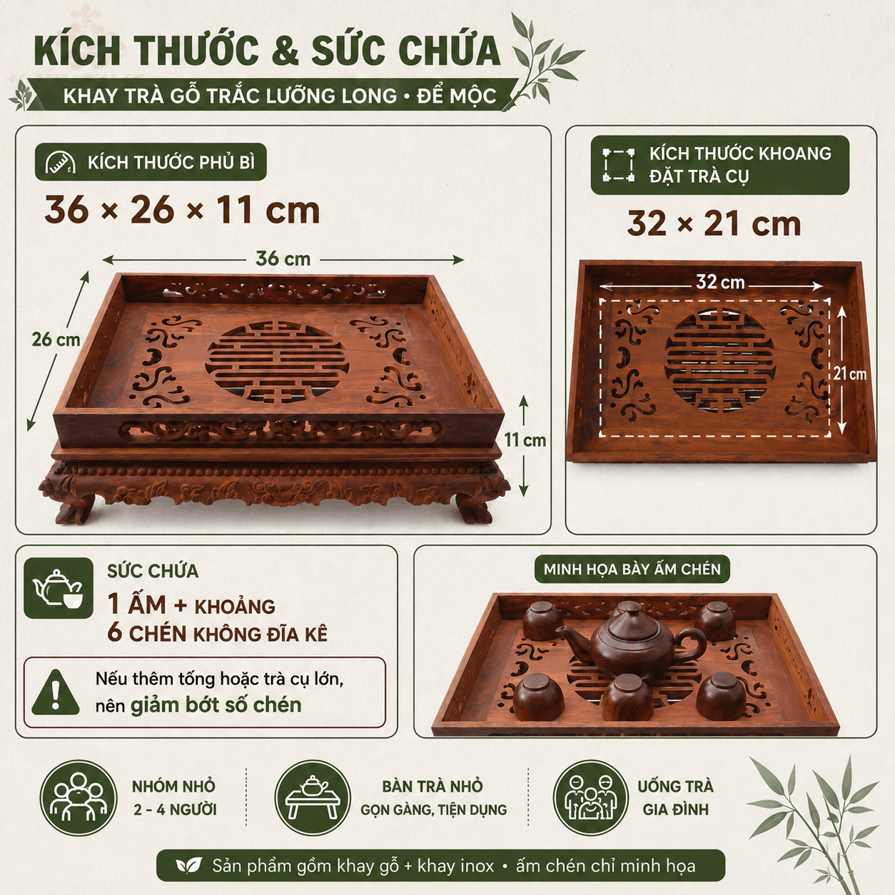 Khay trà gỗ Trắc Lưỡng Long 36 × 26 cm để mộc