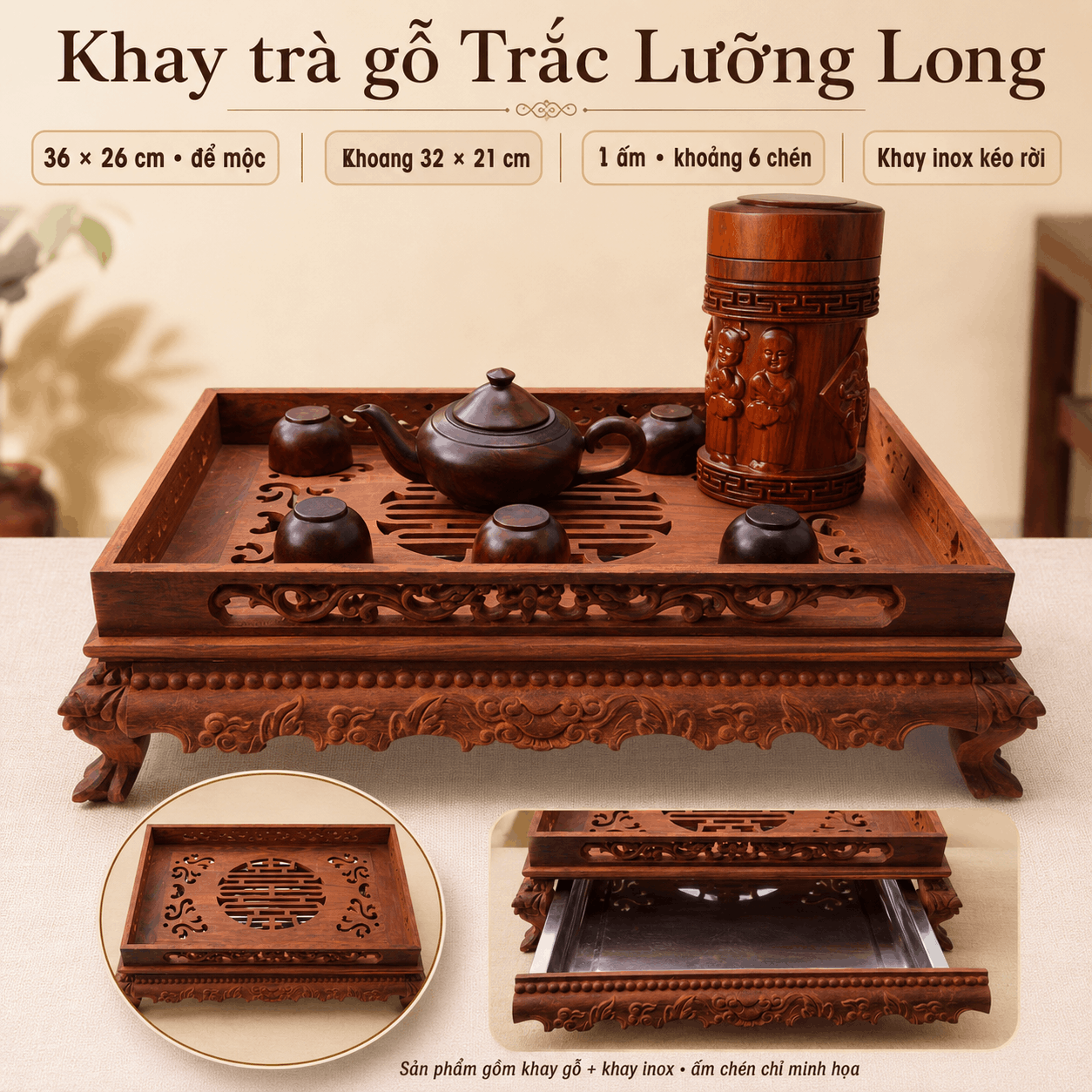 Khay trà gỗ Trắc Lưỡng Long 36 × 26 cm để mộc