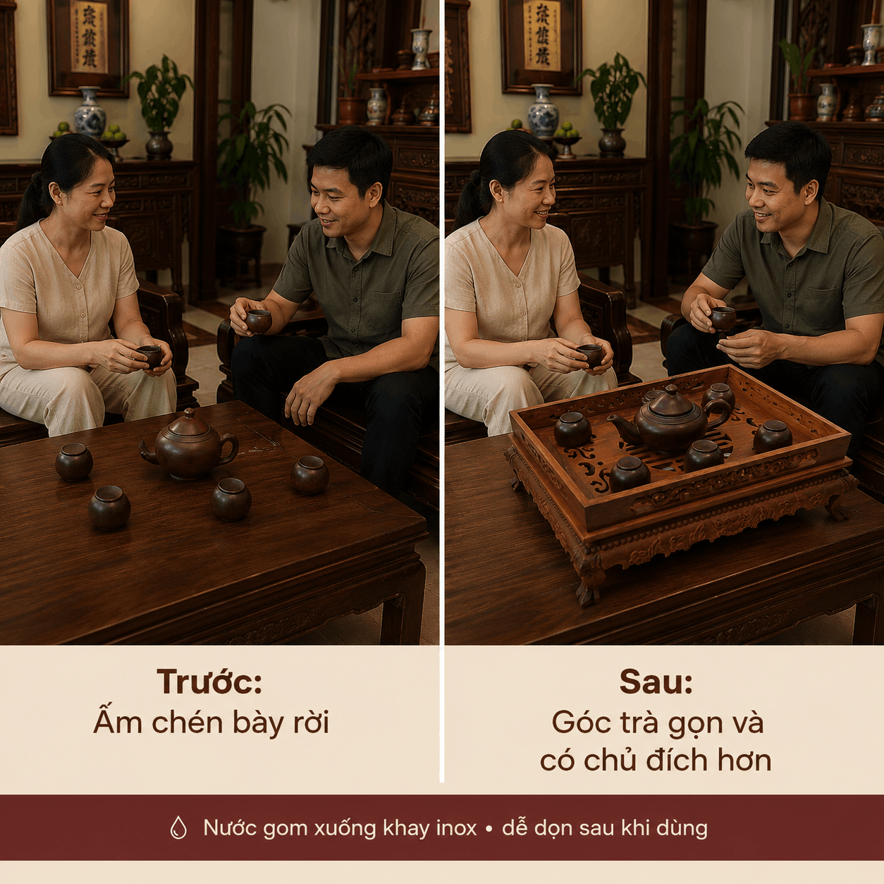 Khay trà gỗ Trắc Lưỡng Long 36 × 26 cm để mộc