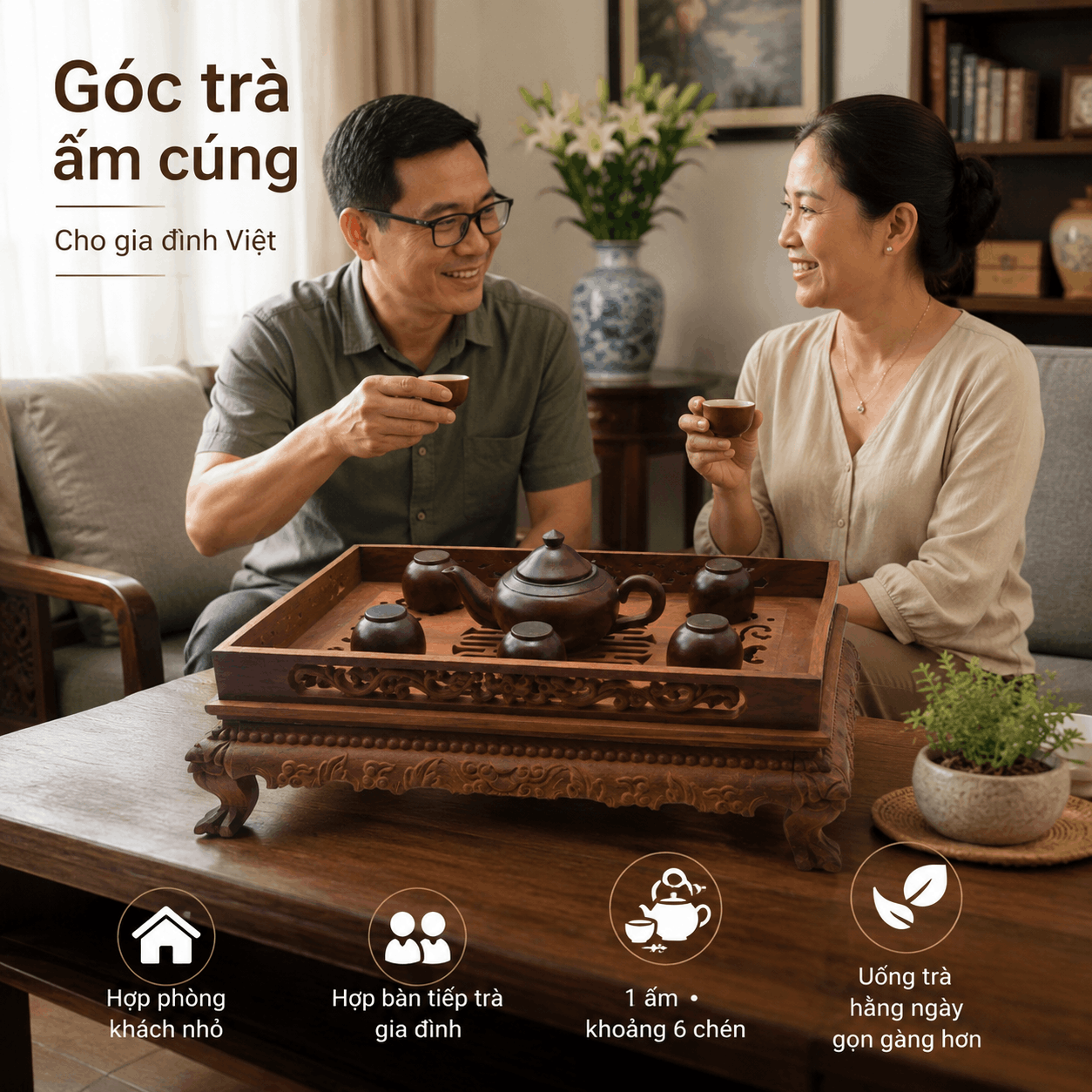 Khay trà gỗ Trắc Lưỡng Long 36 × 26 cm để mộc