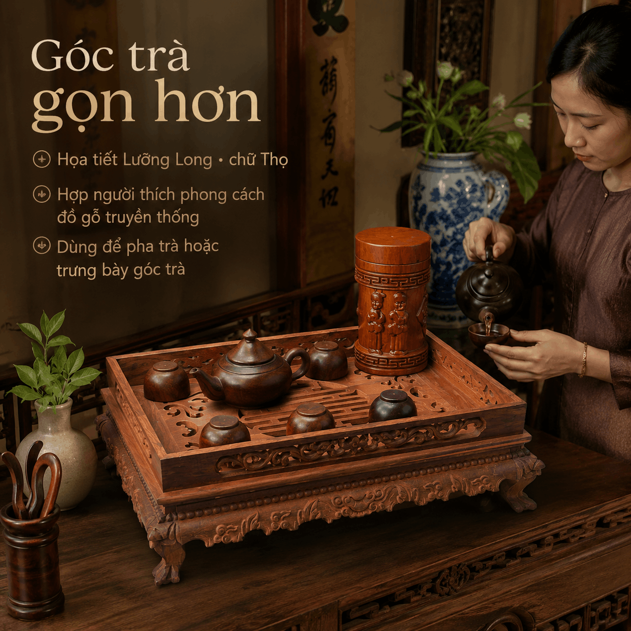 Khay trà gỗ Trắc Lưỡng Long 36 × 26 cm để mộc