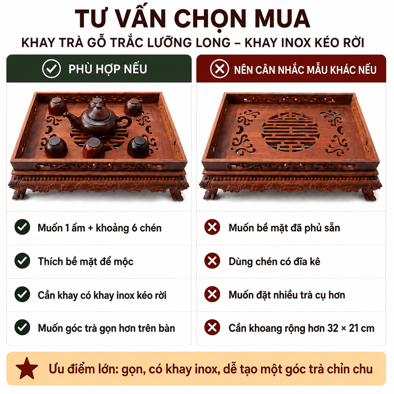 Khay trà gỗ Trắc Lưỡng Long 36 × 26 cm để mộc