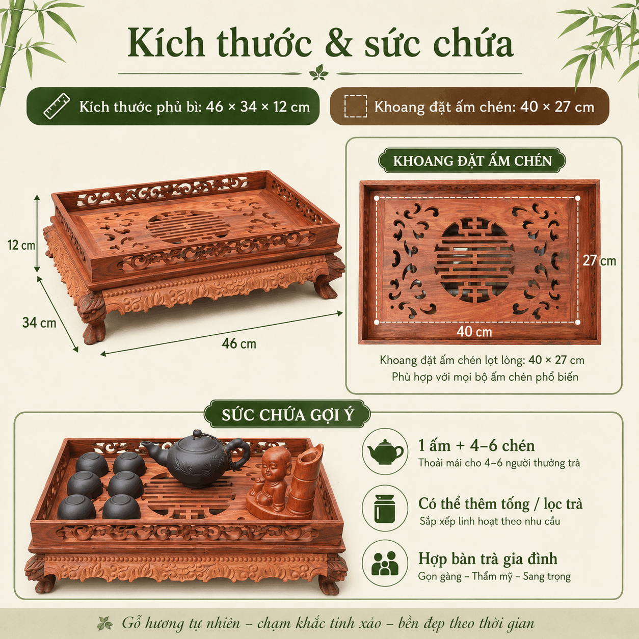 Khay trà gỗ Trắc Lưỡng Long cỡ lớn 46 × 34 cm