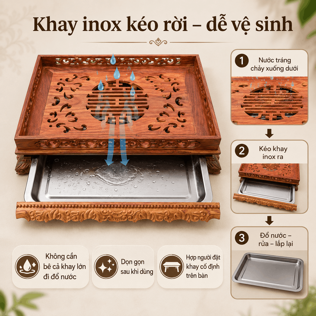 Khay trà gỗ Trắc Lưỡng Long cỡ lớn 46 × 34 cm