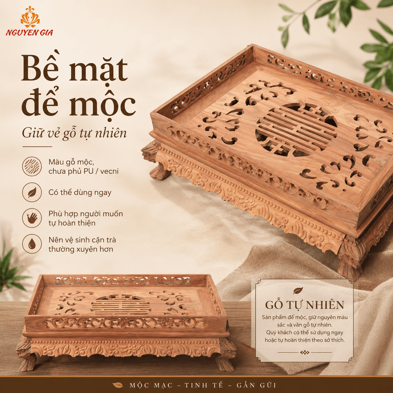 Khay trà gỗ Trắc Lưỡng Long cỡ lớn 46 × 34 cm
