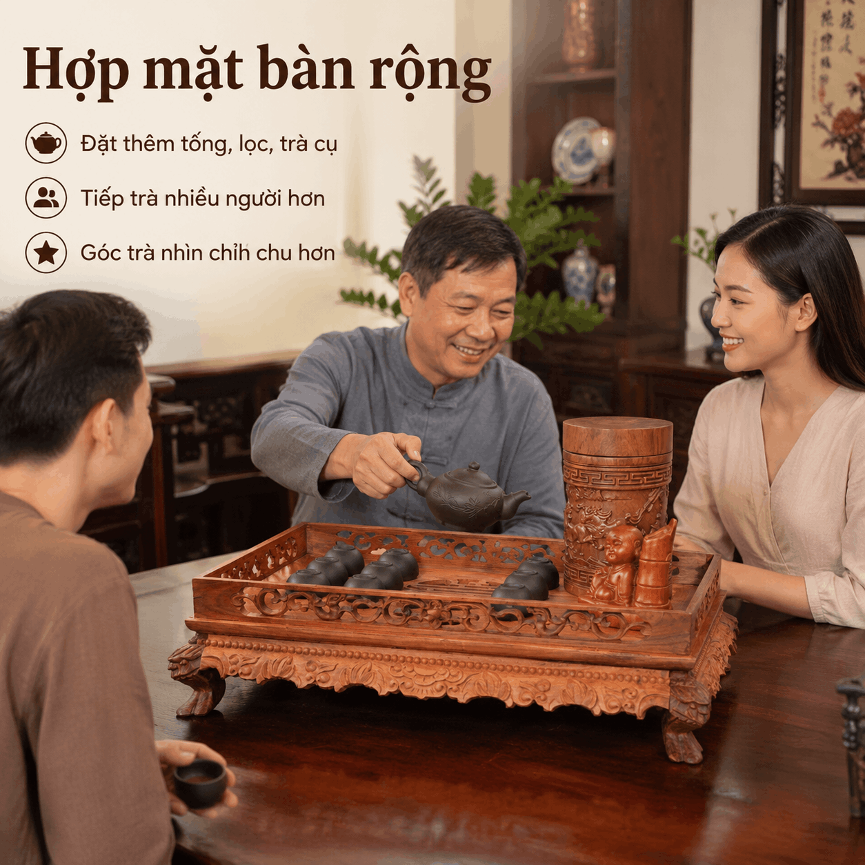 Khay trà gỗ Trắc Lưỡng Long cỡ lớn 46 × 34 cm